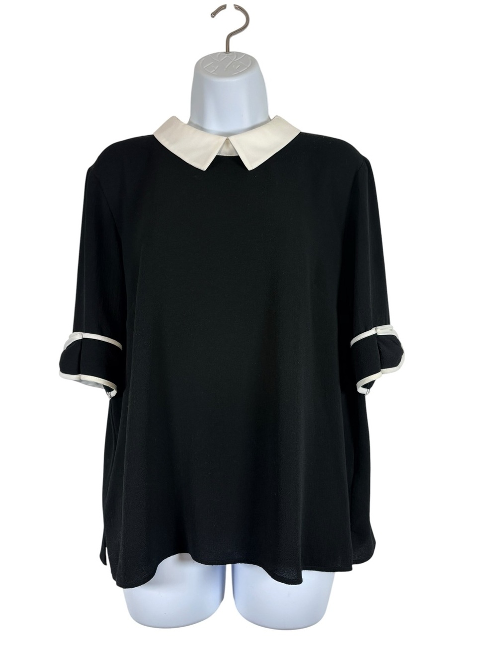 CeCe Black & White Contrast Collar Blouse Bow Sleeve Size Large Preppy Chic Top